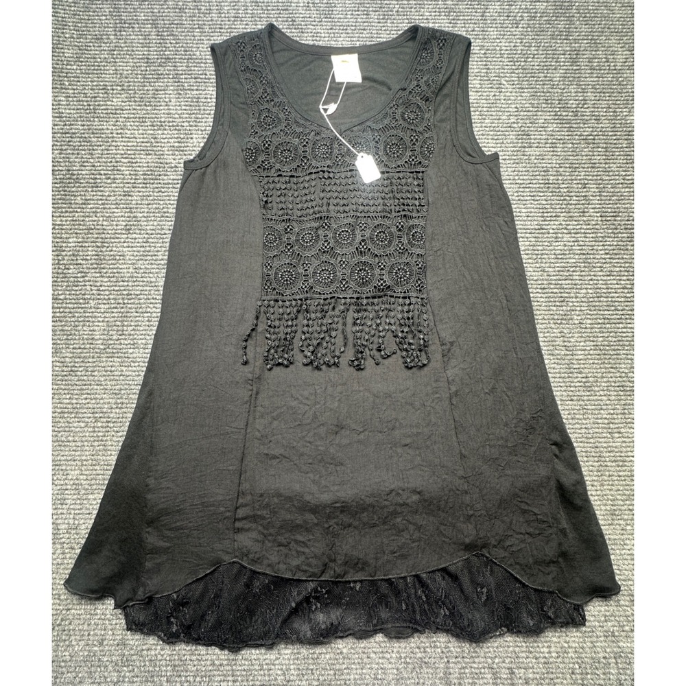 Pretty Angel Dress Women Medium Black Lace Trim Crochet Fringe Linen Sleeveless